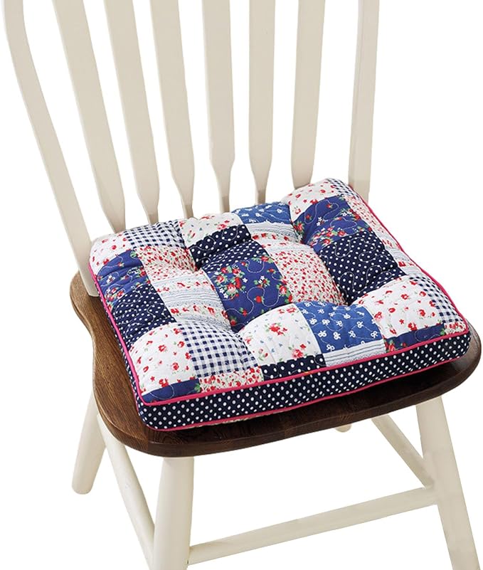 Boho Cotton Quilted Chair Cushion for Dining Chairs Non Slip Soft Comfortable Chair Pads with Ties Patchwork Printed Seat Cushion for Kitchen Chairs Office Chairs (Navy,16"x16")