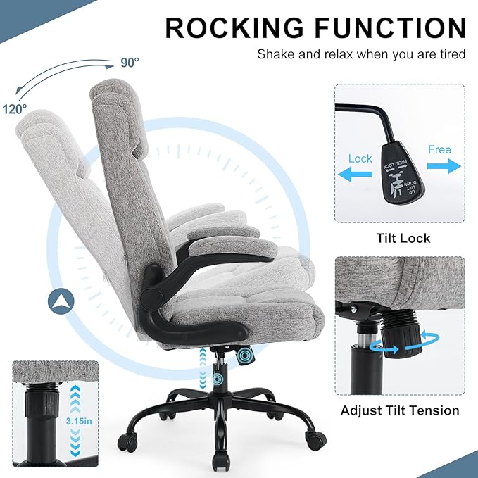 High Back Fabric Office Chair, Ergonomic Computer Desk Chair with Adjustable Headrest & Flip-up Armrests, 120° Tilt Rock Function, 400 lbs Weight Capacity for Home Office & Lumbar Support