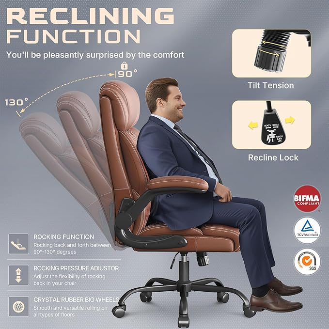Office Chair-Executive High Back Breathable Big and Tall Office Chair Flip-up Armrests Lumbar Support-Ergonomic Leather Rolling Swivel Chair with Rock Function for Working Studying Gaming,Brown