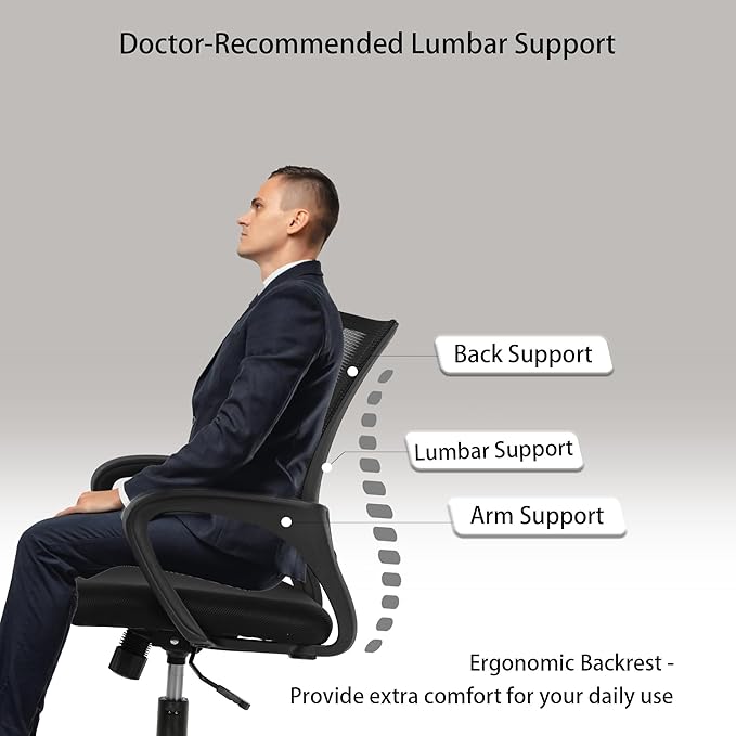 Executive Office Chair with Lumbar Support - Premium Mesh Back, Multi-Function Mechanism (250lbs Capacity), PVC Base, Black
