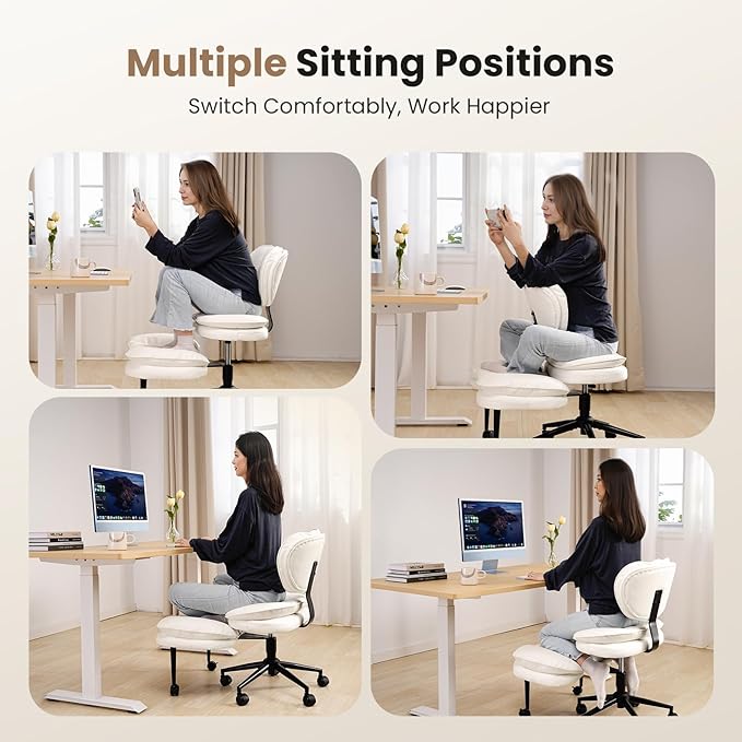 HOMRELEXA Cross Legged Office Chair, Ergonomic Cloud Criss Cross Desk Chair, Meditation Chair with Wheels, Height Adjustable Seat for ADHD, Wide Kneeling Chair with Back Support