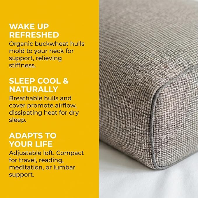 Adjustable Buckwheat Hull Pillow for Neck Pain Relief (21x8x4) Natural Cooling Cervical Support Camping Pillow for Side & Back Sleepers with Night Sweats (Coffee)