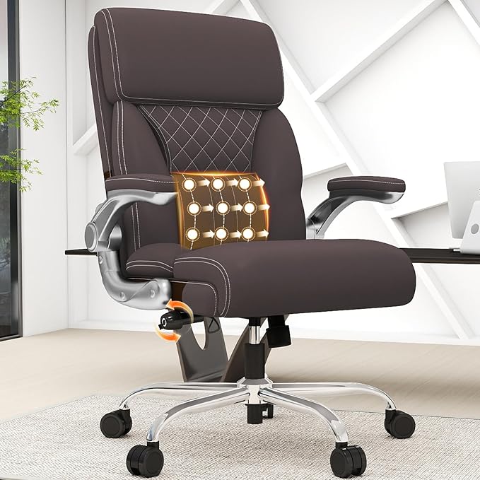 Ergonomic Leather Office Chair with Adjustable Lumbar Support, Flip-Up Armrests Desk Computer Chair, Swivel PC Chair with Rocking Function