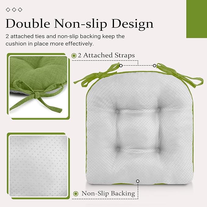 Wellsin Chair Cushions for Dining Chairs, Non-Slip Kitchen Chair Pads with Ties, Tufted Shredded Foam Kitchen Chair Cushions Set of 4, 15.5" X 15.5", Grass Green