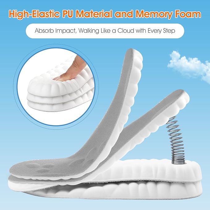 4D Cloud-Like Comfort Soles for Men - Soft Memory Foam Cushioning Insoles - Trim to Fit Steppers Insoles with Arch Support for Foot Pain Relief and Fatigue Reduction (Gray, US M 8-11.5)