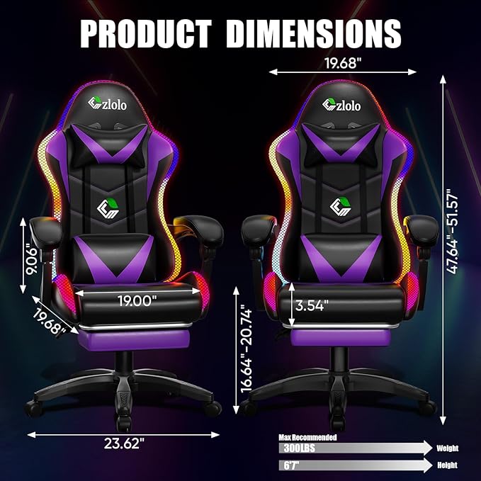 Czlolo RGB LED Lights Gaming Chair with Footrest for Adults and Kids, Lumbar Support Massager Video Game Chair, High Back Reclining Gamer Chair with Headrest, Swivel Office Computer Desk Chair(Purple)