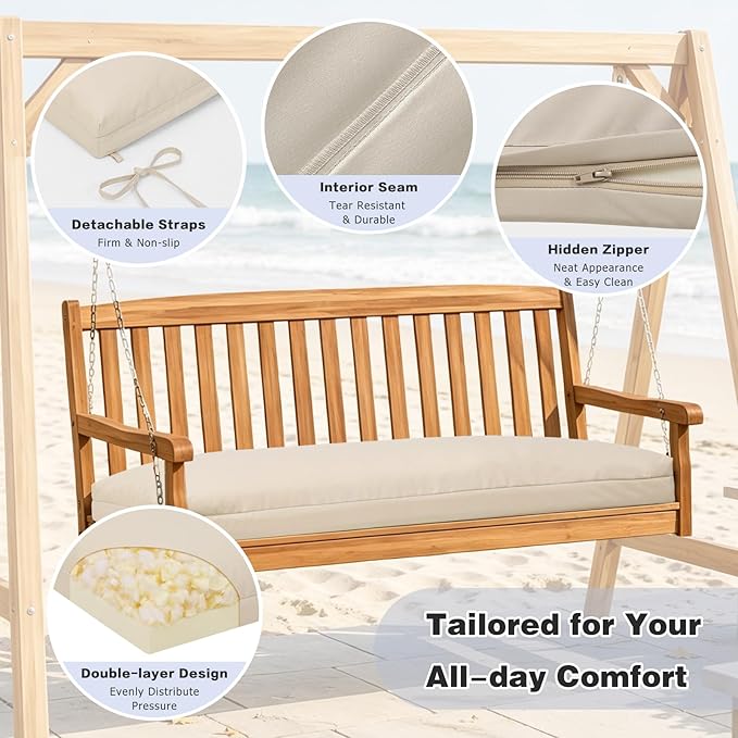 baibu 42Inch Outdoor Bench Cushion Waterproof, Bench Cushions for Outdoor Furniture, Dual-Layer Memory Foam atio Furniture Cushions, Porch Swing Seat Pad with Washable Cover & Ties, 42x16x3.5, Beige