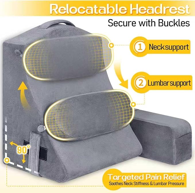MOON PINE Reading Pillow for Adults, Memory Foam Backrest with Detachable Arms - Bed Pillow for Sitting Up, Built-in Cup Holder & Phone Pocket (Gray, 19 inch)