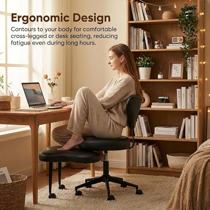 Pinmoco Black PU Leather Cross Leg Chair – Modern Home Office Desk Chair with Wheels, Ergonomic Comfortable Seat for Adults, Durable Water-Resistant Professional Design