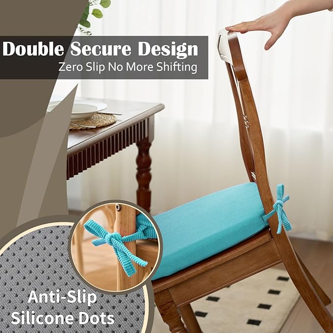 2'' Thick High-Density Foam Indoor Chair Cushions | Dining Chair Pads with Ties, Removable Washable Cover, Kitchen Chair Cushions 17"x16",Turquoise 2 Pack