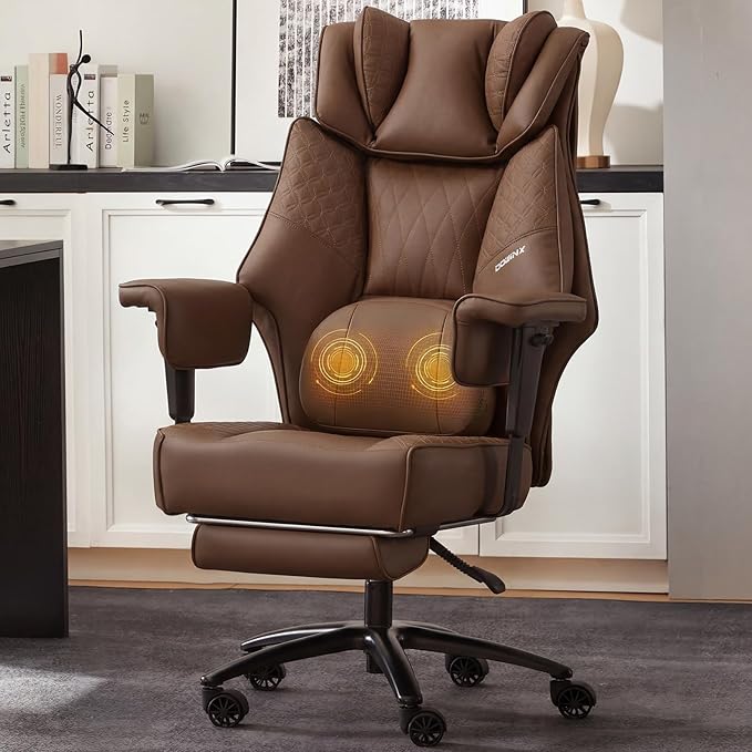 Dowinx Big and Tall Office Chair with Massage Lumbar Support,Executive Office Chair with Wide Thick Seat Cushion and Adjustable Armrest,Computer Gaming Chairs with Footrest (PU-Brown)
