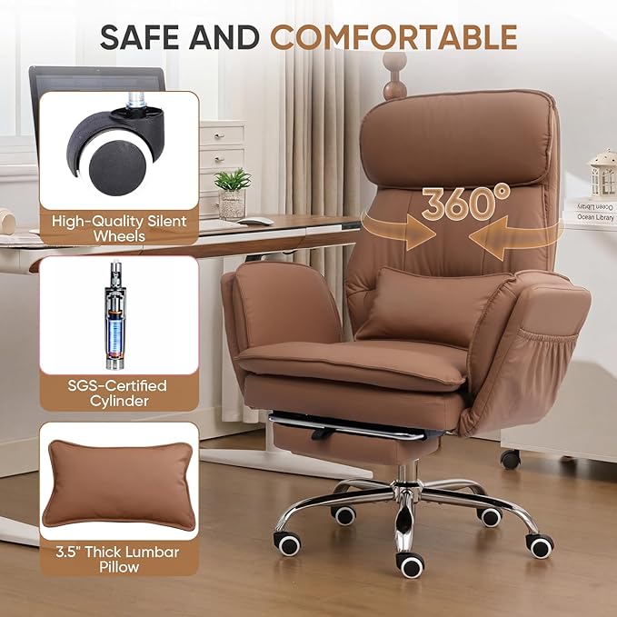 Big and Tall Office Chair with Flip Armrests, Cross Legged Office Chair with Storage Pockets, Comfortable Reclining Computer Chair with Foot Rest, Wide Home Office Desk Chair, Leather Brown