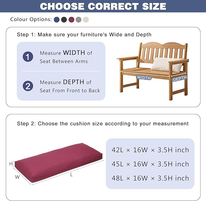 baibu 48Inch Outdoor Bench Cushion Waterproof, Bench Cushions for Outdoor Furniture, Dual-Layer Memory Foam atio Furniture Cushions, Porch Swing Seat Pad with Washable Cover & Ties, 48x16x3.5, Red