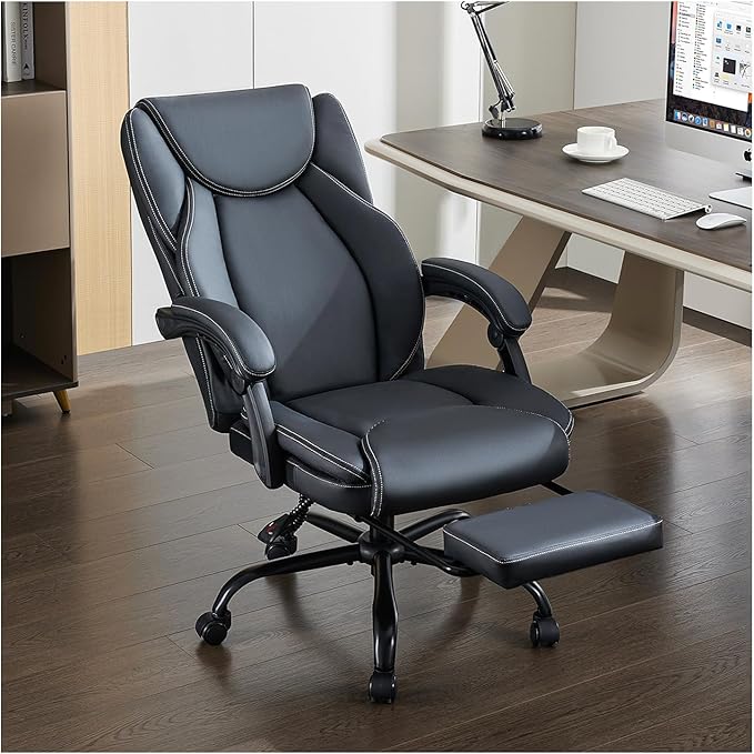 amseatec Office Chair,Big and Tall 400Lbs with Footrest, Ergonomic with Adjustable Backrest, Reclining Computer Chair with Double Lumbar Support, Thick Bonded Leather for Comfy (Gray)