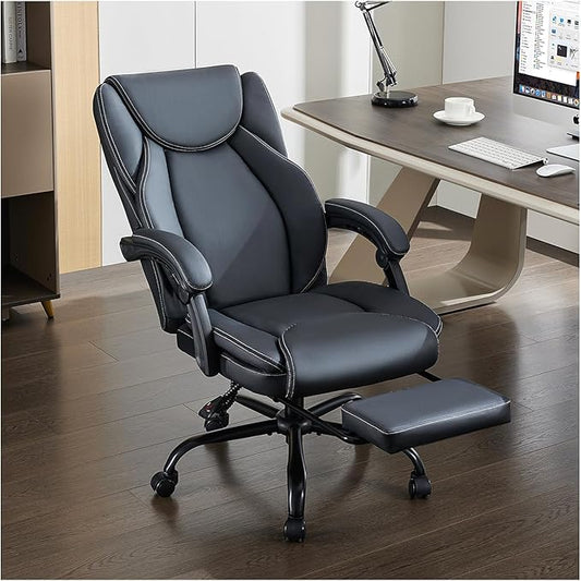 amseatec Office Chair,Big and Tall 400Lbs with Footrest, Ergonomic with Adjustable Backrest, Reclining Computer Chair with Double Lumbar Support, Thick Bonded Leather for Comfy (Gray)