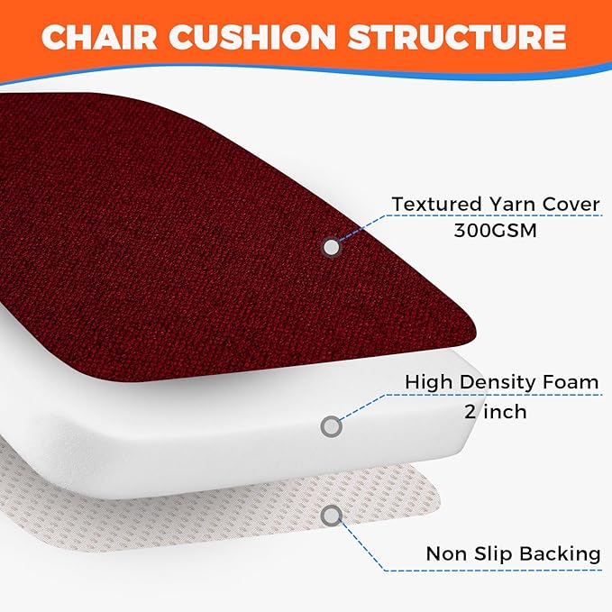 Sunsleek Chair Cushions for Dining Chairs, D-Shaped Seat Cushions with Removable Washable Cover and Ties, Chair Pads for Kitchen, Indoor Dining Room, Patio Chairs, 17'' x 16'', Set of 6, Red