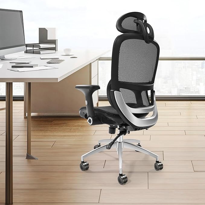 VEVOR Ergonomic Office Chair, High Back Home Desk Chair with Adjustable Headrest, Flip-Up Arms, 90-130° Tilt Lock & Wide Backrest, Lumbar Support, Computer Mesh Chairs for Man Woman, Black Task Chair