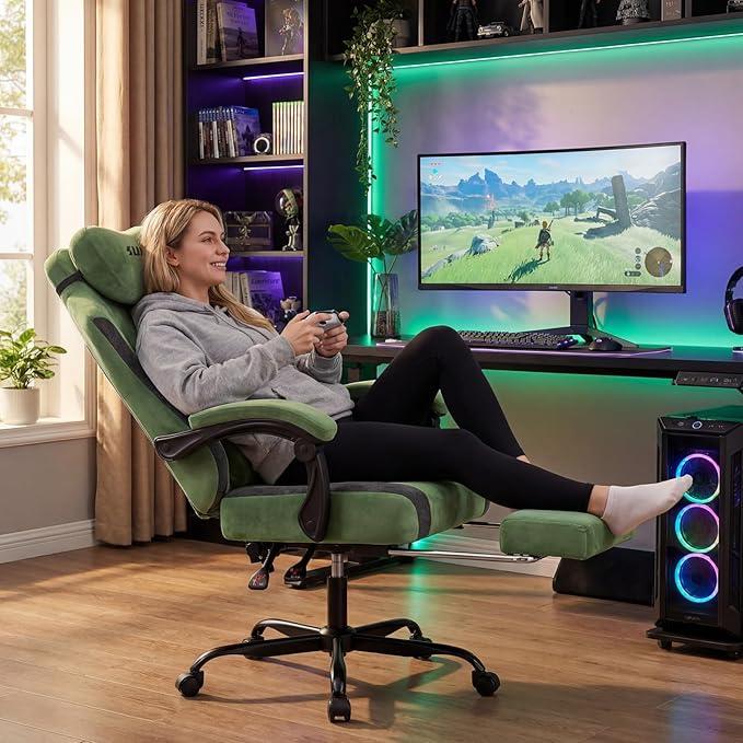 SUKIDA Fabric Video Gaming Chair, Ergonomic High-Back Computer Game Chairs with Large Massage Adjustable Lumbar Support, Headrest and Linked Armrests for Long Hours Sitting Task Chair, Green