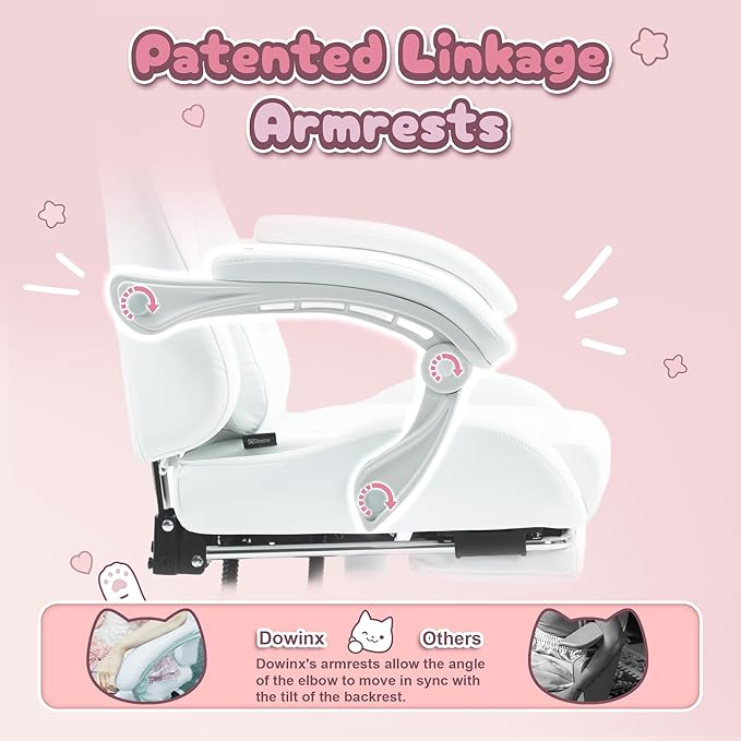 Dowinx Gaming Chair Cute with Cat Ears and Paw Lumbar, Ergonomic Computer Chair for Girl with Footrest and Headrest, Comfortable Reclining Game Chair 290lbs for Adult, Teen, White