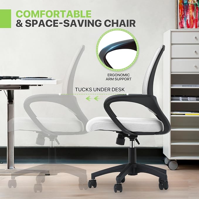 Magshion Ergonomic Office Desk Chair, Mid-Back Mesh Computer Chair, Swivel Chair with Breathable Backrest & Lumbar Support, Adjustable Height for Gaming, Work, Study, 300 Lbs Capacity, White