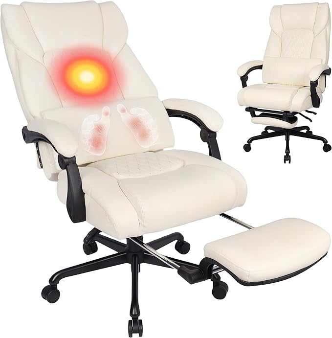 3D Kneading Massage Office Chair with Heat, 500 lbs Big and Tall Executive Computer Desk Recliner, Leather Electric Heated Office Chairs with Massage & Footrest