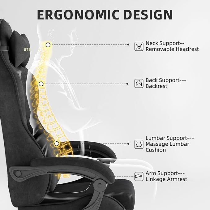 Ferghana Velvet Fabric Ergonomic Gaming Chair with Footrest and Massage, High Back Reclining Computer Gamer Chair for Adult, Racing Style PC Video Game Chair Suitable for Home Office (Black)