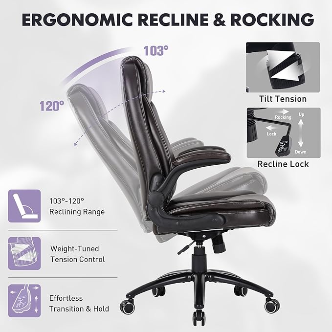 MALOL 300LBS PU Leather High-Back Executive Office Chairs, Heavy Duty Home Ergonomic Computer Chair Flip-Up Armrests & Reclining Backrest, Brown