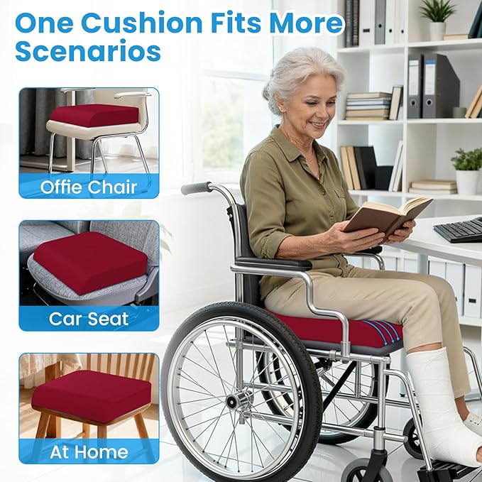 Wheelchair Seat Cushion for Pressure Relief, Cooling Gel Memory Foam Chair Cushion with Slope-Edge Design, Coccyx Support for Tailbone Pain, Non-Slip, for Wheelchairs, Office Chairs & Car Seats, Red