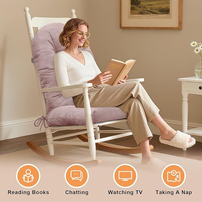 Rocking Chair Cushion - Velvet Fabric, High-Density Sponge, Durable Comfort Non-Slip Bottom Tufted Seat Pads with Ties, Velvet︱Dirty Pink, 44x19x4 inch