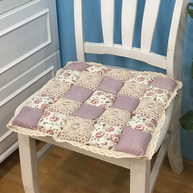 vctops Patchwork Chair Pad with Ties No Slip Lace Trim Chair Cushion Farmhouse Floral Print Kitchen Dining Seat Cushion (309, 16"x16")