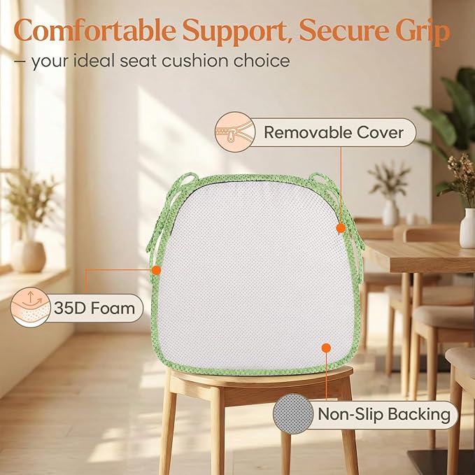 1 Pack Green Chair Cushions with Tie Removable Cover, D-Shape Dining Kitchen Chair Seat Pads Non Slip 17"x16"