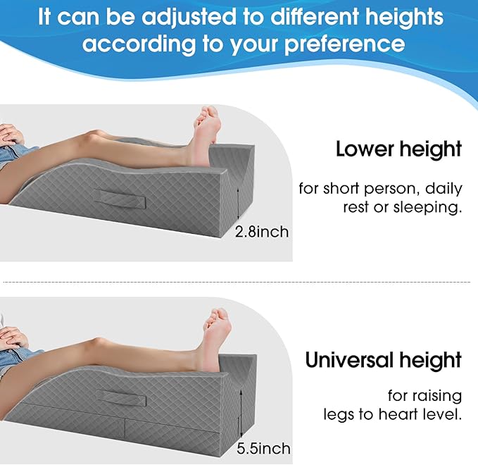 TranquilRelax Elevation Pillows for Leg After Surgery, Memory Foam Adjustable Wedge Pillow for Injury or Rest, Ankle Pillow for Sleeping Blood Circulation Full Grey/Single Leg