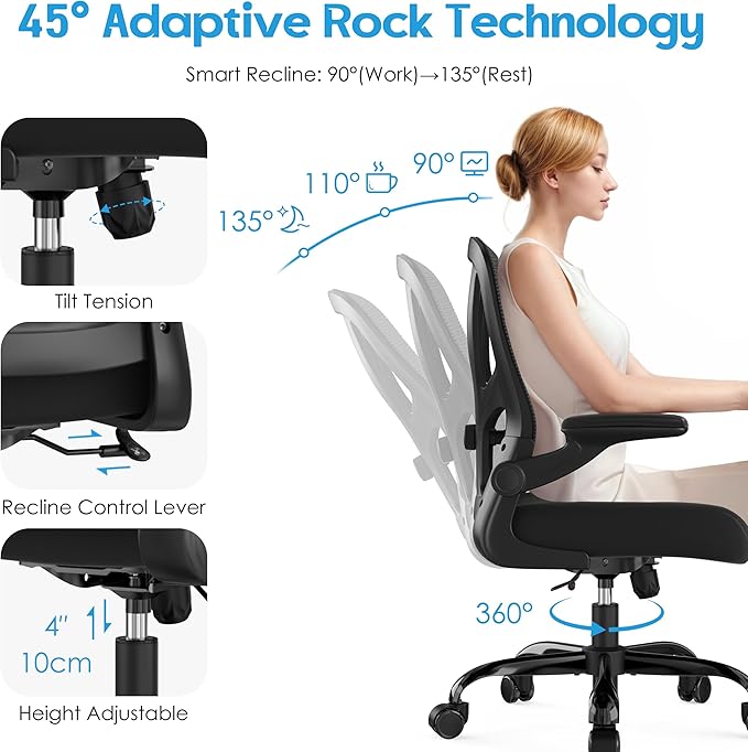 Office Chair Ergonomic Desk Chair - Mesh Computer Chair Breathable Task Chair with Wheels Adjustable Lumbar Support Home Desk Office Chairs with Flip up Armrest Black 4 Pack