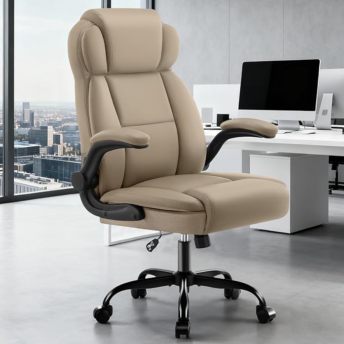AreShark Ergonomic Office Chair with High Back Headrest,PU Leather Executive Desk Chair Padded Flip-Up Armrests,Lumbar Support,Swivel Computer Chair for Home Office & Gaming, Khaki