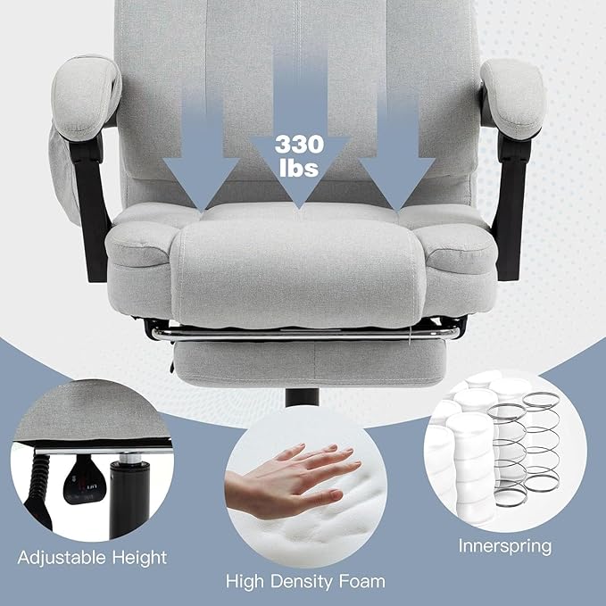 ECOTOUGE Massage Office Chair with Footrest, Ergonomic Adjustable Reclining Executive Heated Office Chair w/ 6 Vibration Points & Heat for Home Office, Light Grey