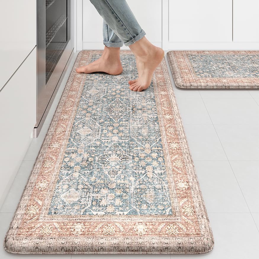 KIMODE Anti Fatigue Kitchen Mat,Farmhouse Kitchen Rug Sets of 2 Orange Blue