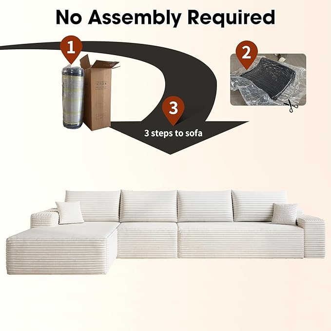 135" Corduroy Couch Sectional with Chaise, L Shape Boneless Cloud Couches for Living Room Bedroom, Modular Corner Couch, Fluffy Deep Seat Compression Sofa, Left Facing Chaise, No Assembly, White
