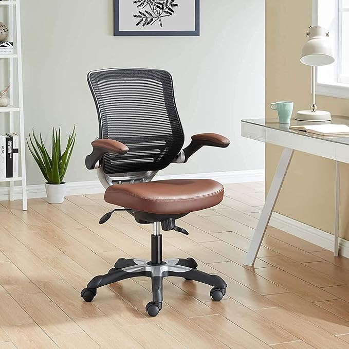 Modway Edge Mesh Back and White Vinyl Seat Office Chair With Flip-Up Arms - Computer Desks in Tan