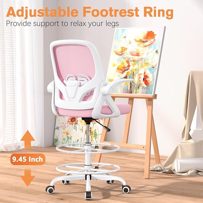 ORRSAKER Drafting Chair Tall Office Chair for Standing Desk, Breathable Mesh Ergonomic Computer Desk Chair with Flip-Up Armrests, Adjustable Lumbar Support and Footrest Ring,300 LBS，Pink