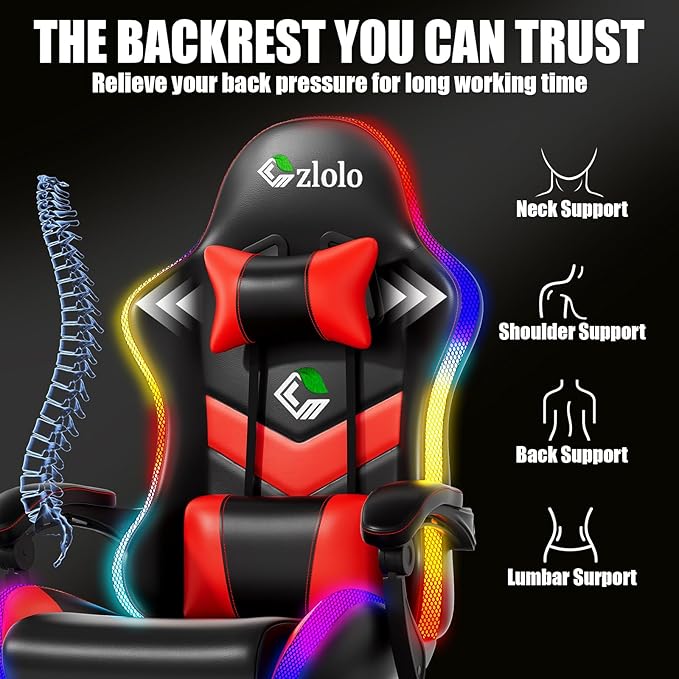 Czlolo Gaming Chair, 2026 Upgraded RGB LED Lights Computer Chair with Footrest, Lumbar Support Massager Gamer Chair, High Back, 90-135° Reclining, Linkage Armrests, Red