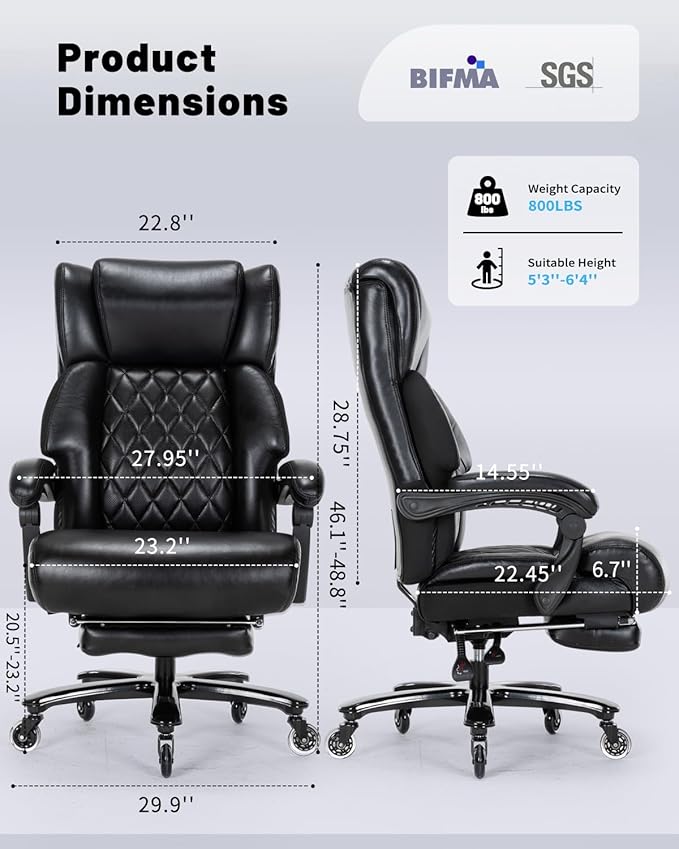 800LBS Big and Tall Office Chair with Foot Rest, Heavy Duty Executive Reclining Chair for Heavy People, Extra Wide Seat and Mobile Lumbar,High Back Large Computer Desk Chair for Home Office