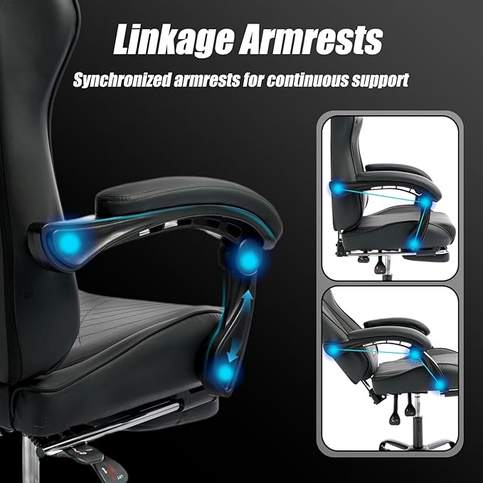 Gaming Chair with Footrest, Ergonomic Game Chair with Lumbar Support and Linkage Armrest, Reclining Computer Chair Height Adjustable for Home Office (1001-Black)