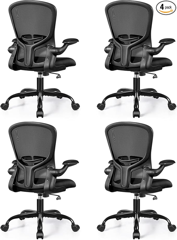 FelixKing Office Desk Chairs, Ergonomic PC Desk Chair with Wheels, Adjustable Lumbar Support and Height, Swivel Computer Chair with Flip-up Armrests, Ergo Mesh Backrest for Working (Black, Pack of 4)
