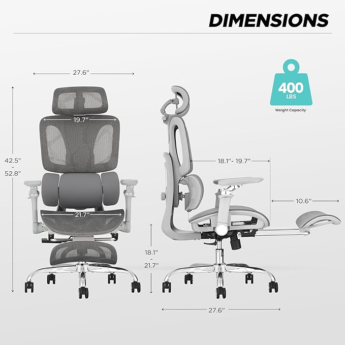 Ergonomic Office Chair with 3-Zone Dynamic Lumbar Support, Big and Tall Mesh Office Chair with Footrest, Adjustable Seat Depth,4D Headrest,6D Armrests, Swivel Executive Chair for Home Office,Grey