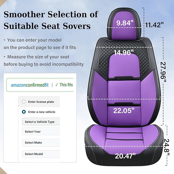 Coverado Car Seat Covers Front Seats, 2 Piece Car Seat Protector with Removable Headrest, Nappa Leather Breathable Front Side All Wrapped Universal Fit Truck Automotive Most Cars Purple