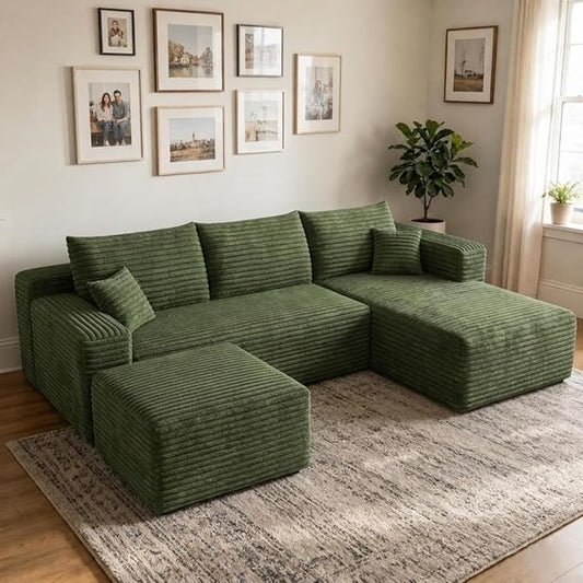 94" Green Fluffy Couch with Ottoman for Living Room, Corduroy No Bones Sectional Couch,Compressed Memory Foam Cloud Sofa,No Assembly Required,Right Facing Chaise,Green