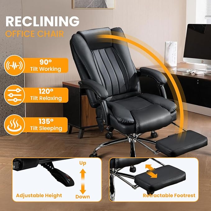 6 Points Vibration & Heat Massage Office Chair with Foot Rest,500lbs Big and Tall Office Chairs,Ergonomic Reclining Desk Chair for Home Office,Gaming