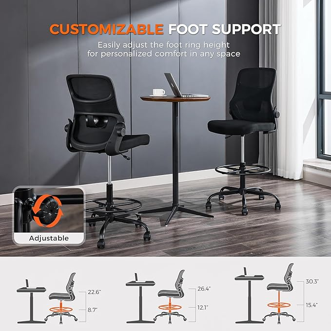 Drafting Chair Armless, Tall Office Chair with Adjustable Foot Ring and Lumbar Support, Ergonomic Mesh High Desk Chair for Standing Desk, Black