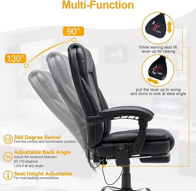 HOMREST 6-Point Massage Reclining Office Chair, Leather Heating Executive Chair, Ergonomic Home Office Desk Chair with Retractable Footrest,Computer Chair for Home Office, Study, Gaming