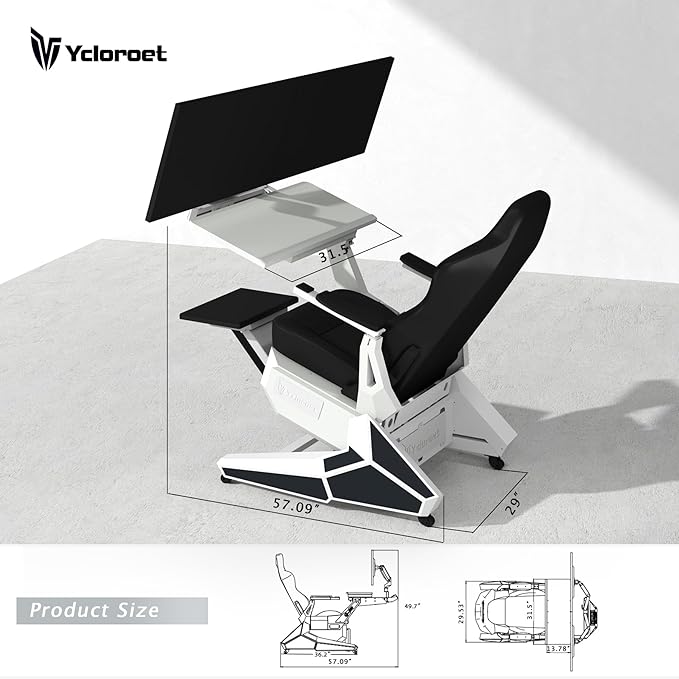 White Zero Gravity Scorpion Gaming Chair Cockpit with Dual Monitor Arm, 165° Reclining 441LB Load Ergonomic Office Chair, Space-Saving Mobile Workstation for PC, PS5, Xbox